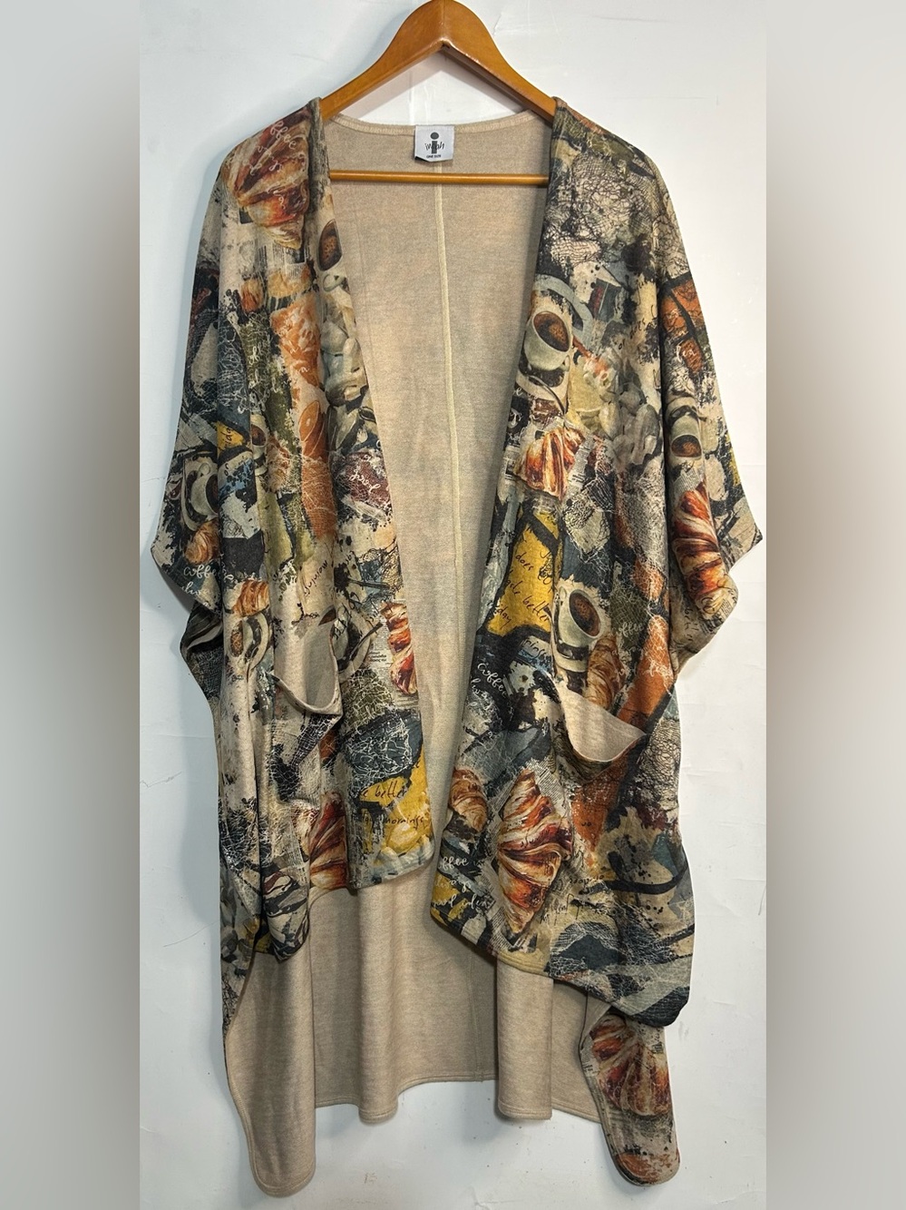 Inoah Fall Print Pumpkin Coffee Open Front Duster Sweater Cardigan One Size